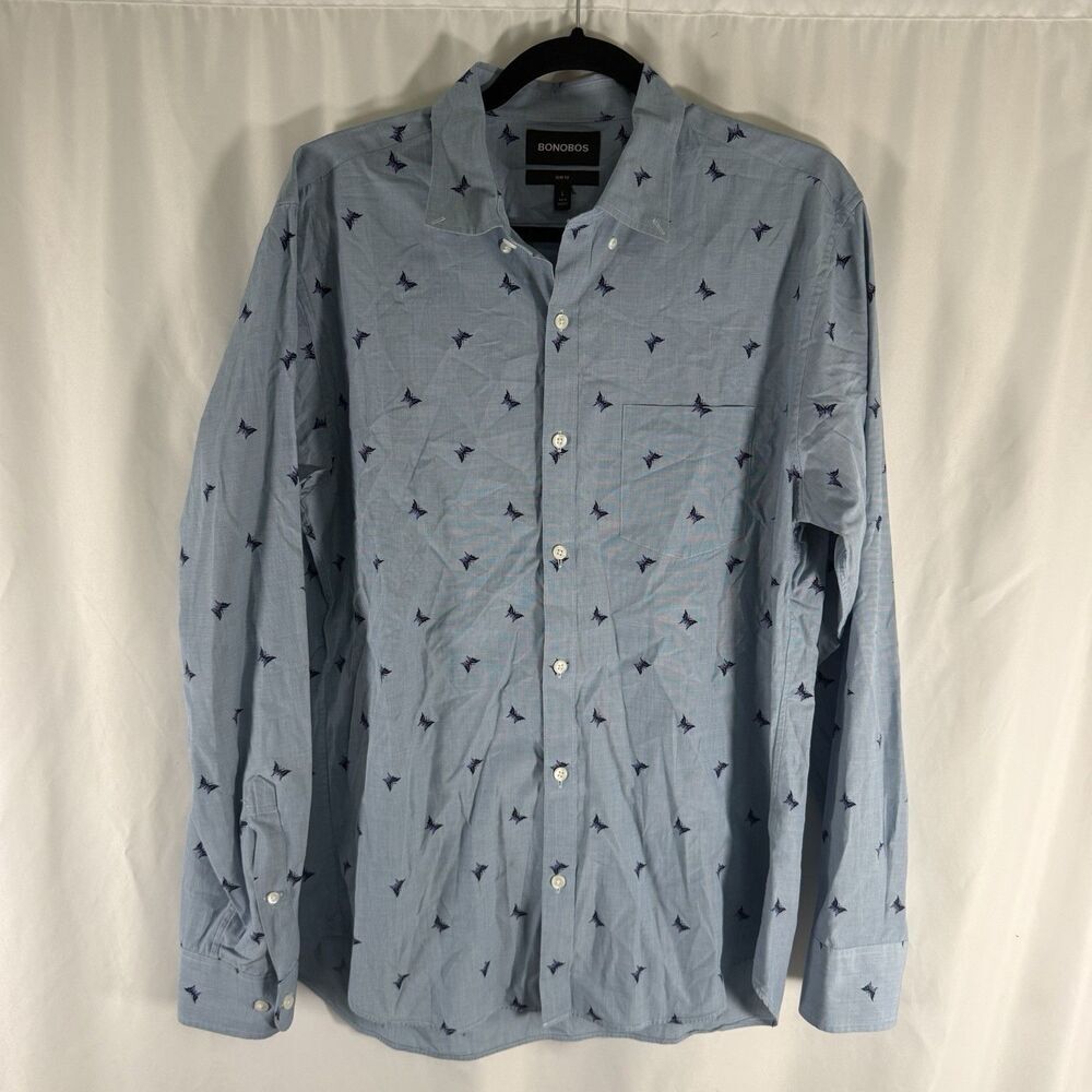 Bonobos Slim Fit Dress Shirt Men's Large Blue Butterfly Print Button Up Long Slv